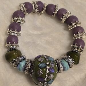 Artisan Purple and Jade Green Beaded Bracelet with Silver Accents